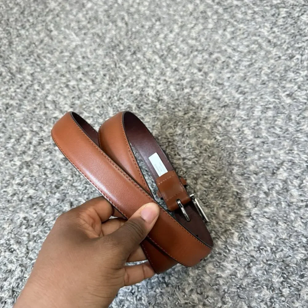 J Crew Dress Belt Mens Size 36 Brown Leather Silver Tone Buckle Made Cambodia
